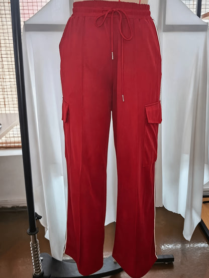 Effortless Wide Leg Cargo Pants for Women with High Waist Drawstring Side Stripe Relaxed Casual Style