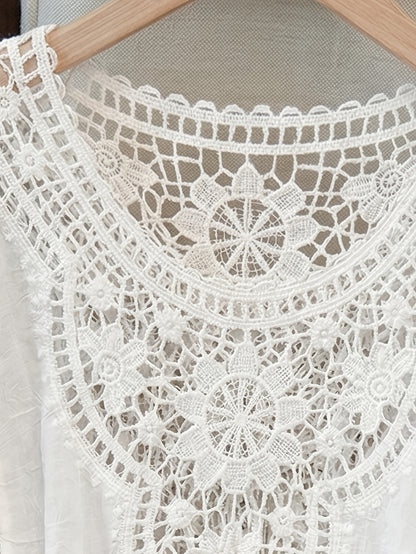 Effortless Cream Poncho Shirt for Women with Crochet Lace Fringe Hem Draped Style