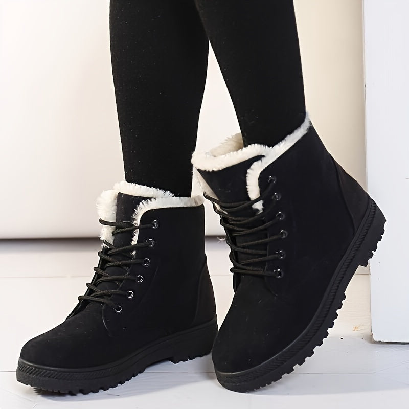 Cozy Lace Up Snow Boots for Women with Fleece Cuff Round Toe Lug Sole Winter Snowproof Style