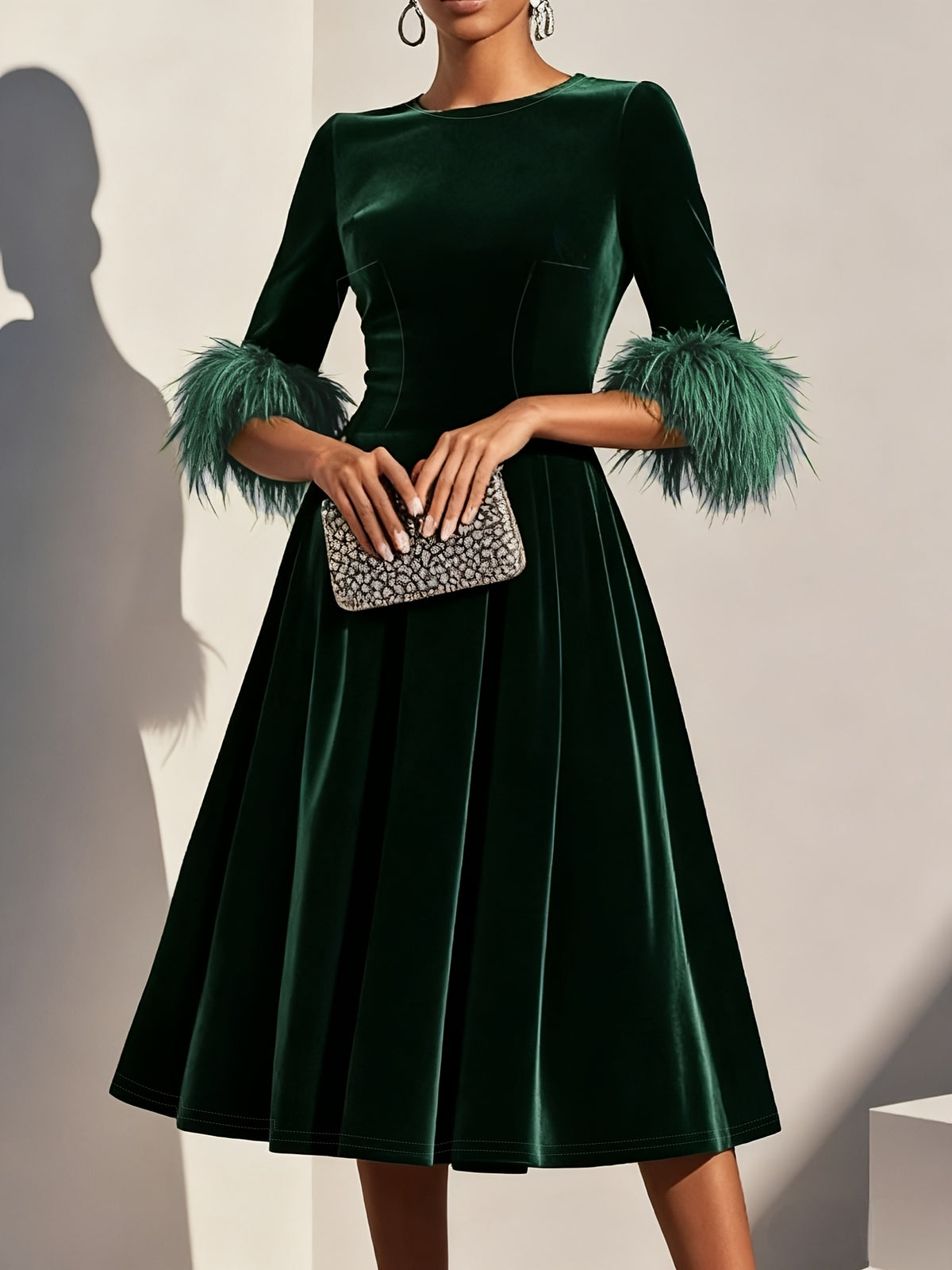 Elegant Velvet Semi Formal Dress for Women with Round Neck Feather Trim Sleeve Fit and Flare Midi Party Style
