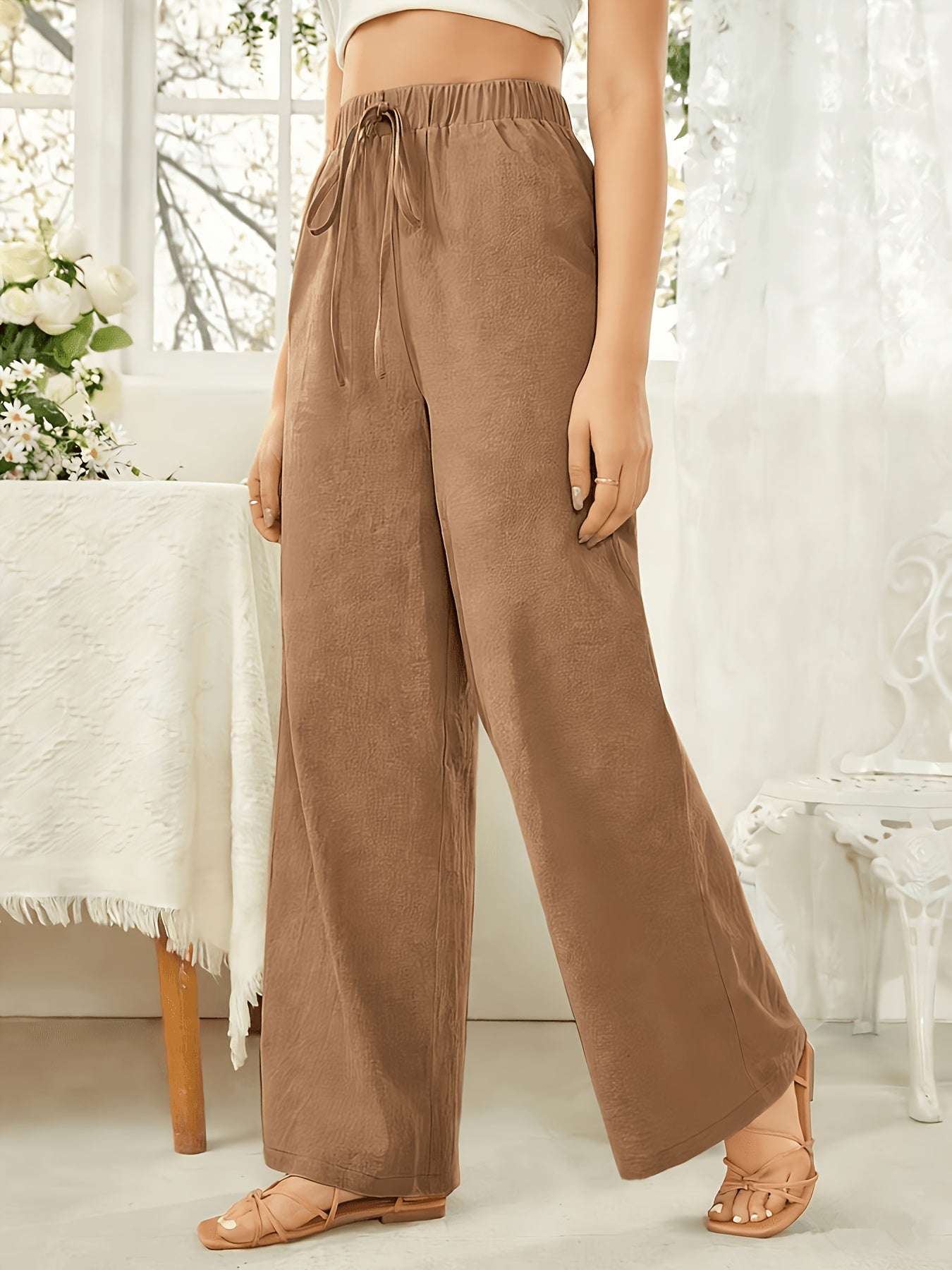 Effortless Linen Wide Leg Pants for Women with High Waist Drawstring Flowing Casual Style