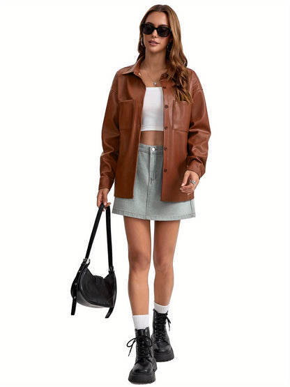 Effortless Leather Jacket for Women with Button Front Collared Oversized Shacket Style