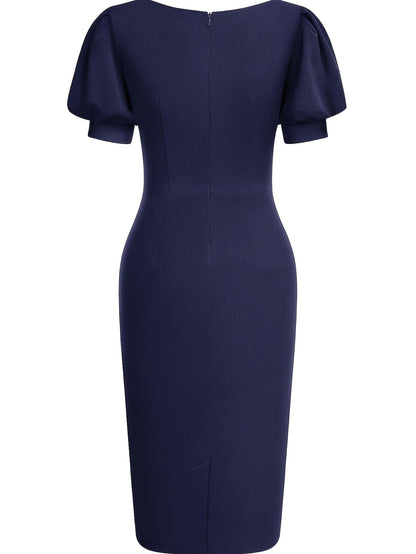 Elegant Cocktail Dress for Women with Scalloped V Neck Puff Sleeve Bodycon Knee Length Party Style