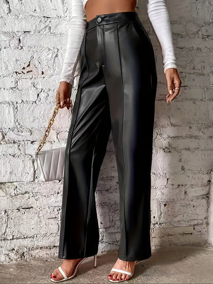 Elegant Black Faux Leather Slacks for Women with High Waist Pintuck Wide Leg Relaxed Style