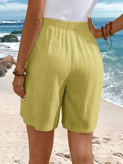Effortless Linen Shorts for Women with High Waist Button Front Relaxed Bermuda Style