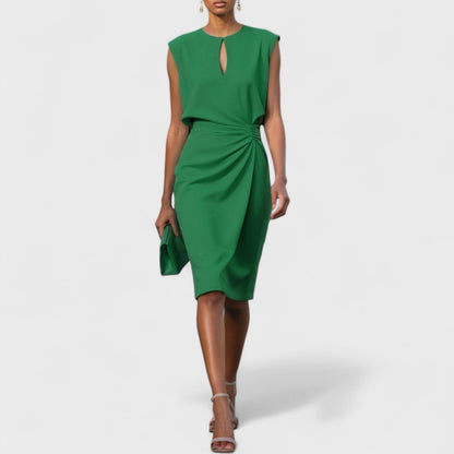 Elegant Sheath Midi Dress for Women with Keyhole Neck Sleeveless Ruched Waist Cocktail Style