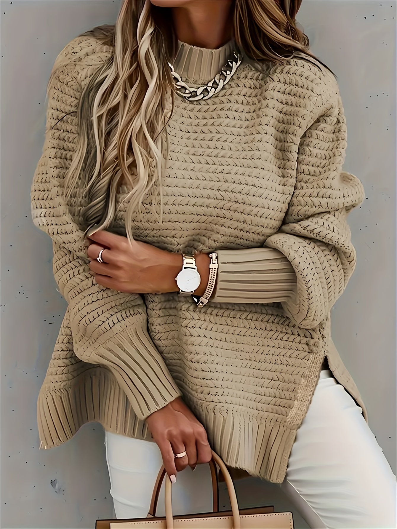 Comfortable Textured Knit Sweater for Women with Mock Neck Long Sleeve Ribbed Cuff Relaxed Oversized Style