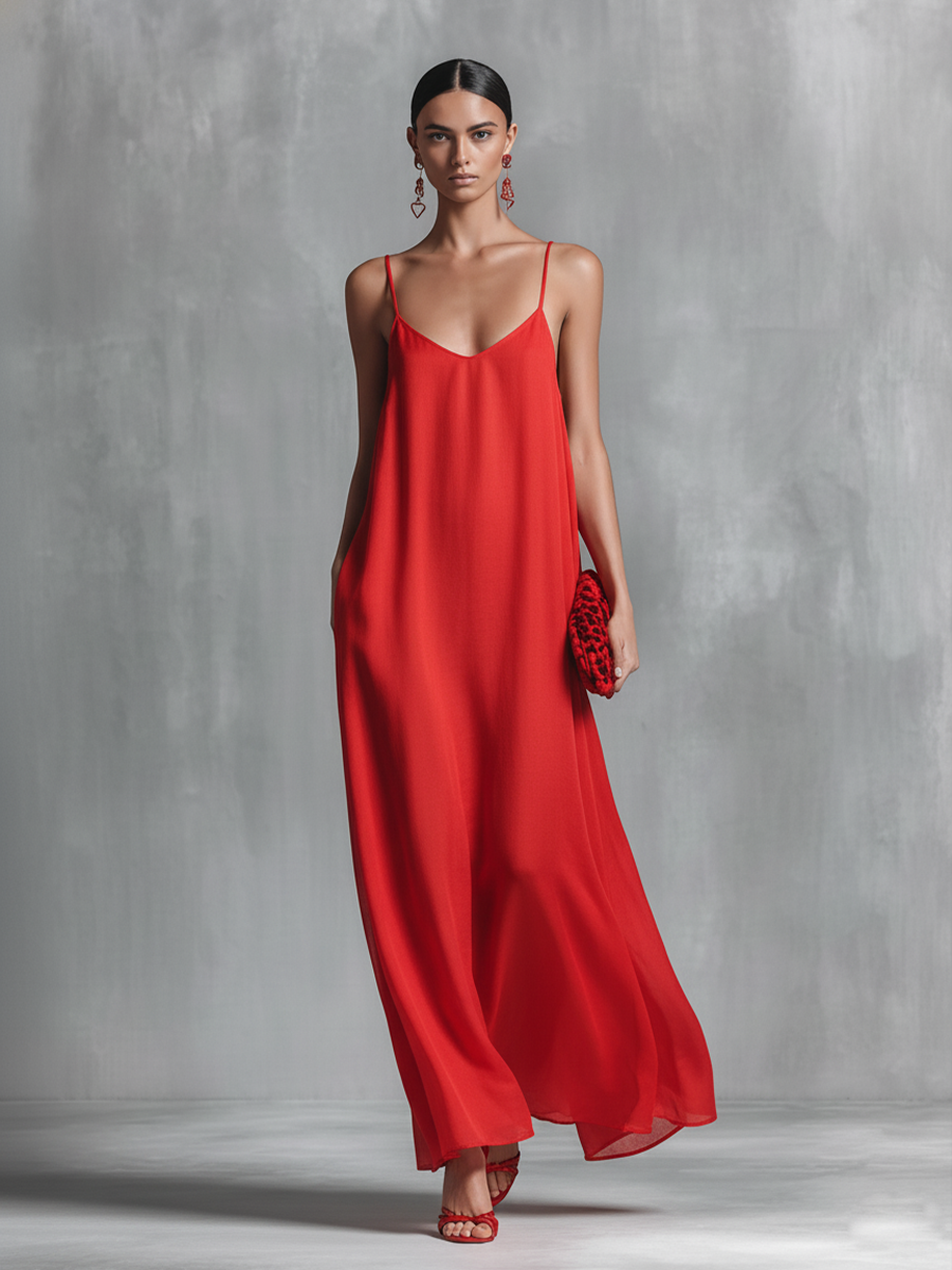 Effortless Red Dress for Women with V Neck Spaghetti Strap Loose Chiffon Flowing Casual Maxi Style