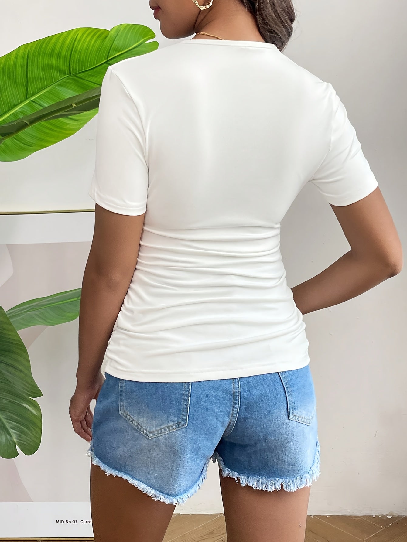 Comfortable Beige Maternity T-Shirt for Women with Crew Neck Short Sleeve Ruched Fitted Style