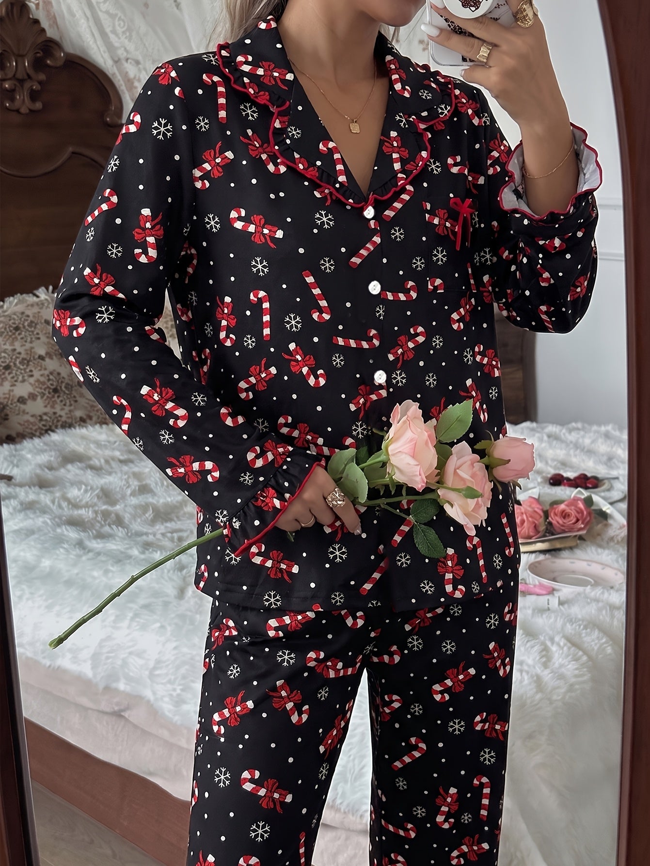 Cozy Black Candy Cane Print Christmas Pajamas for Women with Notch Collar Long Sleeve Ruffle Trim Relaxed Style