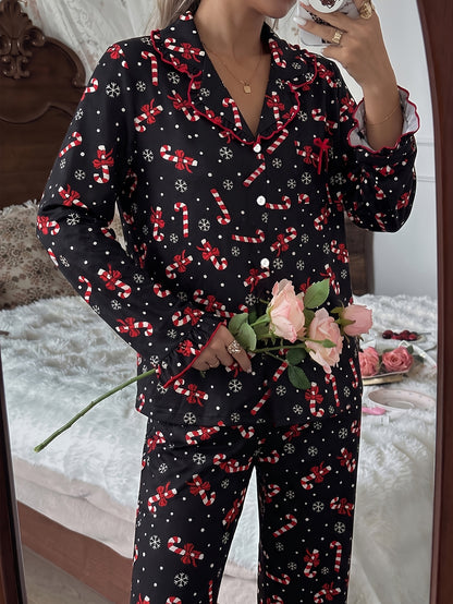 Cozy Black Candy Cane Print Christmas Pajamas for Women with Notch Collar Long Sleeve Ruffle Trim Relaxed Style