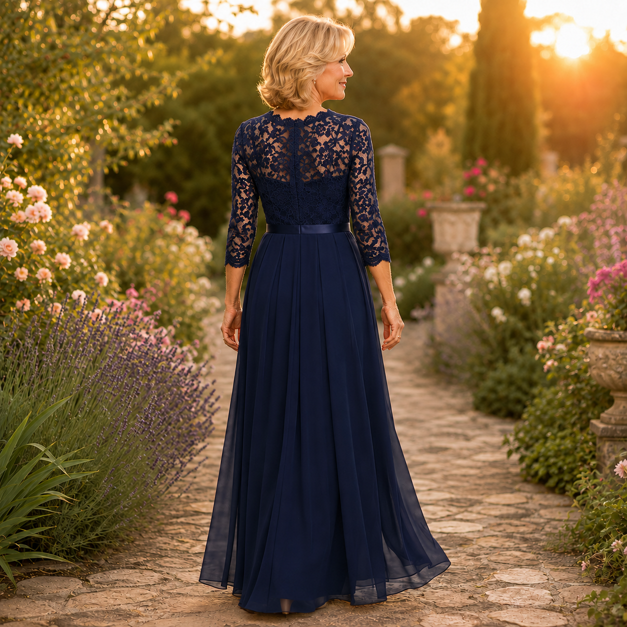 Elegant Lace Maxi Dress for Women with Illusion Neckline Elbow Sleeve Pleated Fall Wedding Guest Style