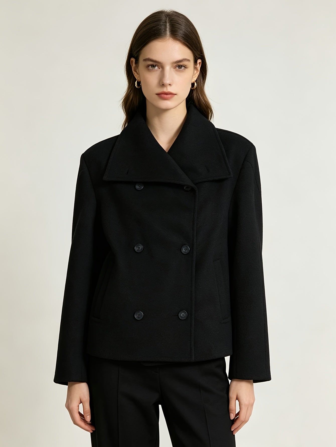 Elegant Wool Pea Coat for Women with Notch Lapel Long Sleeve Double Breasted Cropped Style