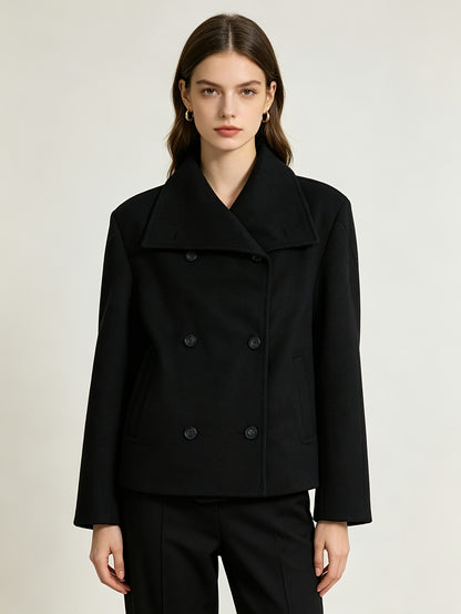 Elegant Wool Pea Coat for Women with Notch Lapel Long Sleeve Double Breasted Cropped Style