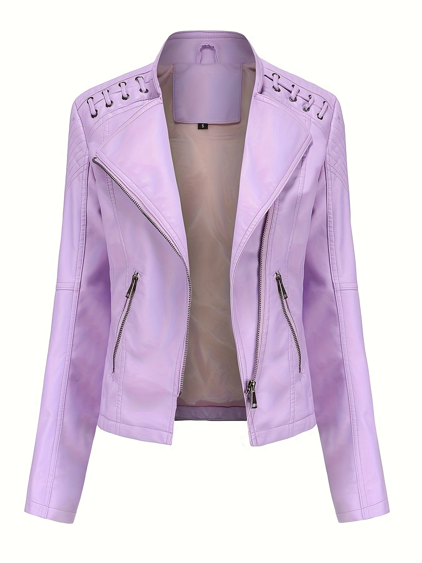 Elegant Leather Moto Jacket for Women with Notch Lapel Zip Front Studded Shoulder