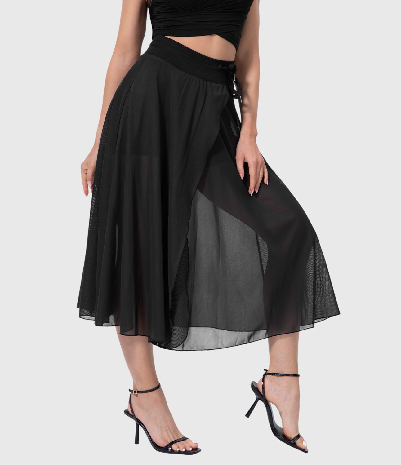 Effortless Sage Green Mesh Skirt for Women with High Waist Drawstring A Line Flowy Style