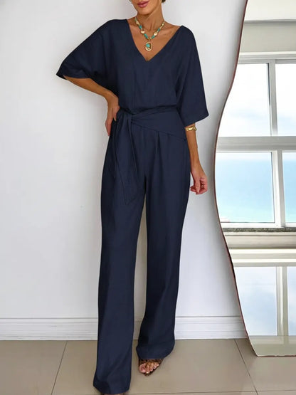 Effortless Linen Jumpsuit for Women with V Neck Half Sleeve Wide Leg Tie Waist Relaxed Style