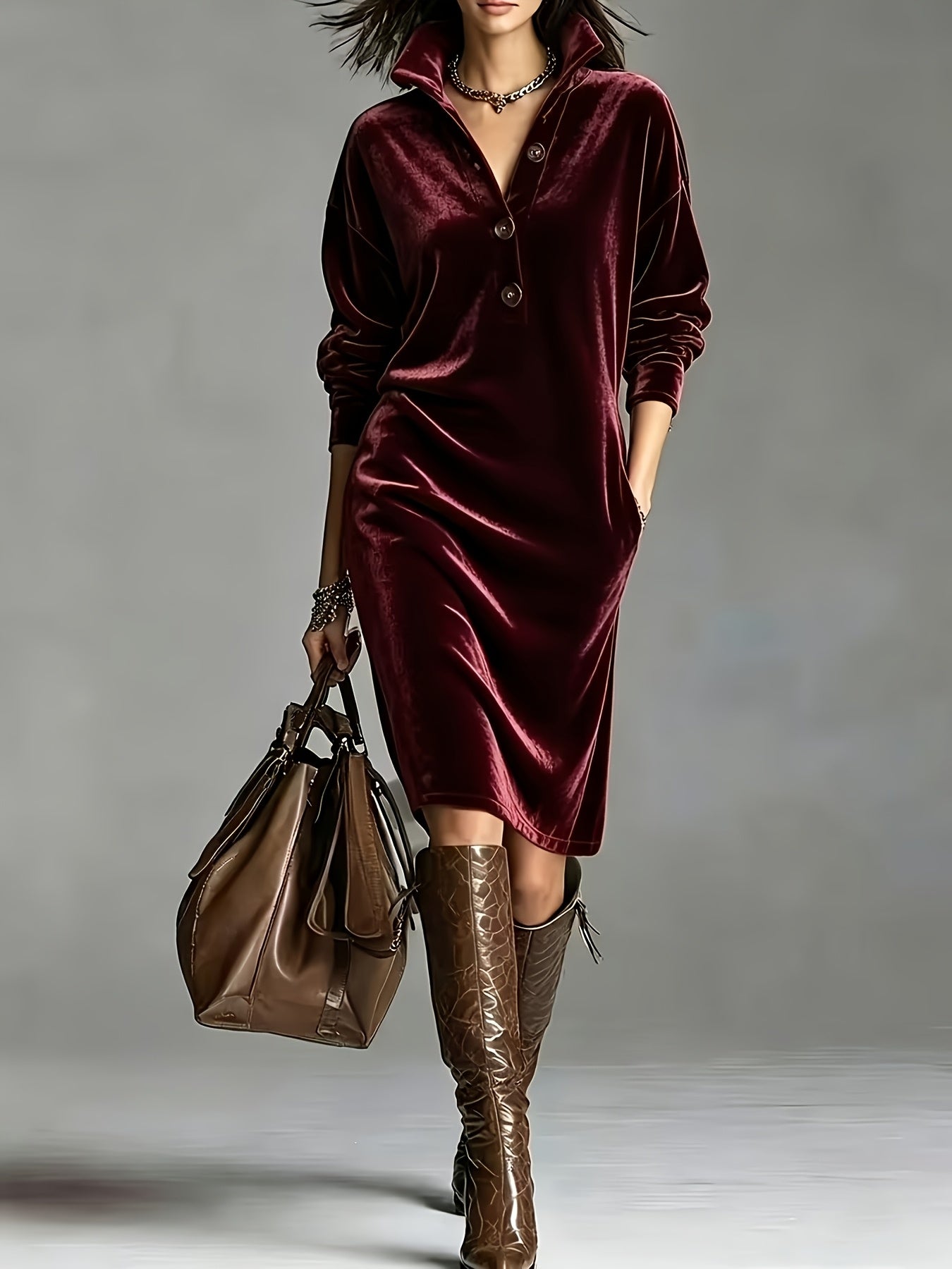 Chic Velvet Long Sleeve Midi Dress for Women with Collared Neck Button Front Relaxed Fit Style