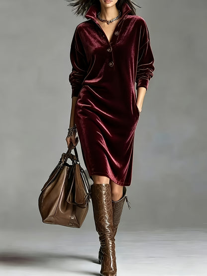Chic Velvet Long Sleeve Midi Dress for Women with Collared Neck Button Front Relaxed Fit Style