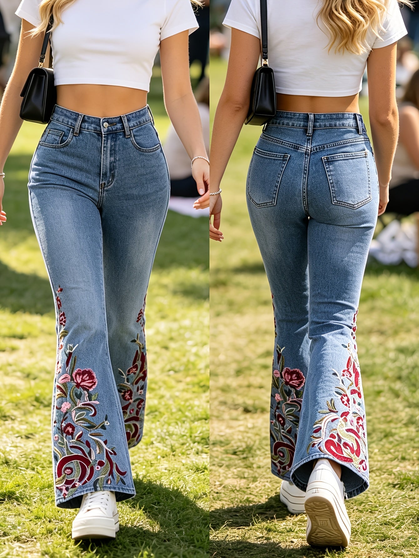 Effortless Light Blue Floral Embroidered High Waisted Jeans for Women with Flare Leg Boho Style