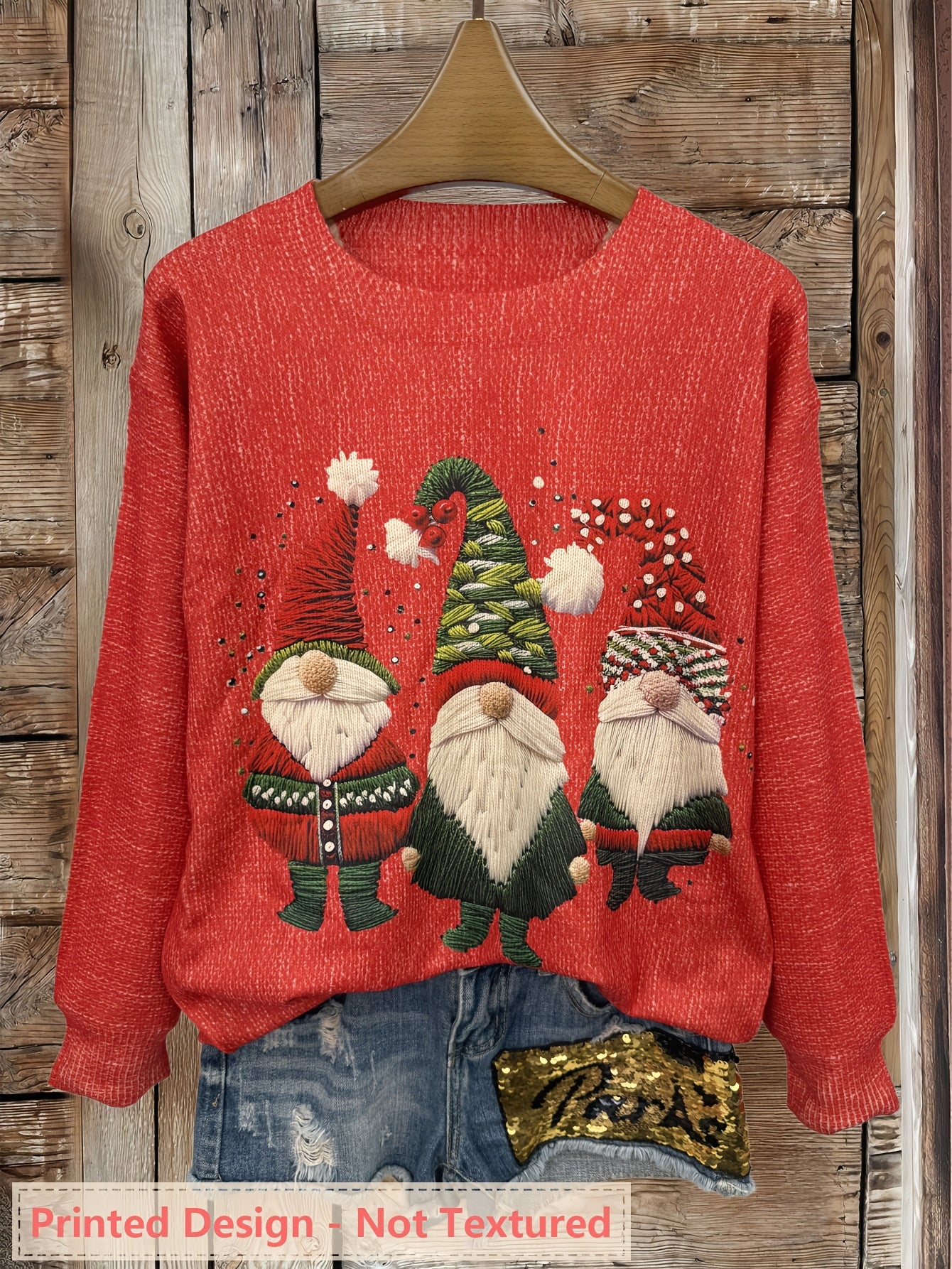 Cozy Embroidered Gnome Print Women's Christmas Sweater with Crew Neck Long Sleeve Oversized Knit Style