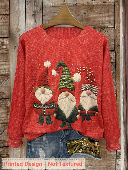 Cozy Embroidered Gnome Print Women's Christmas Sweater with Crew Neck Long Sleeve Oversized Knit Style