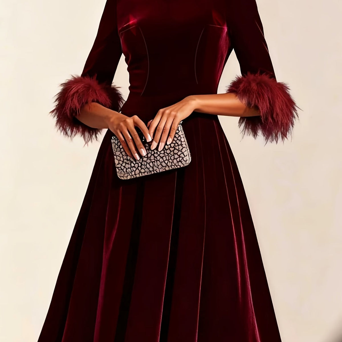 Elegant Velvet Semi Formal Dress for Women with Round Neck Feather Trim Sleeve Fit and Flare Midi Party Style