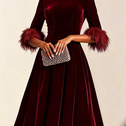 Elegant Velvet Semi Formal Dress for Women with Round Neck Feather Trim Sleeve Fit and Flare Midi Party Style