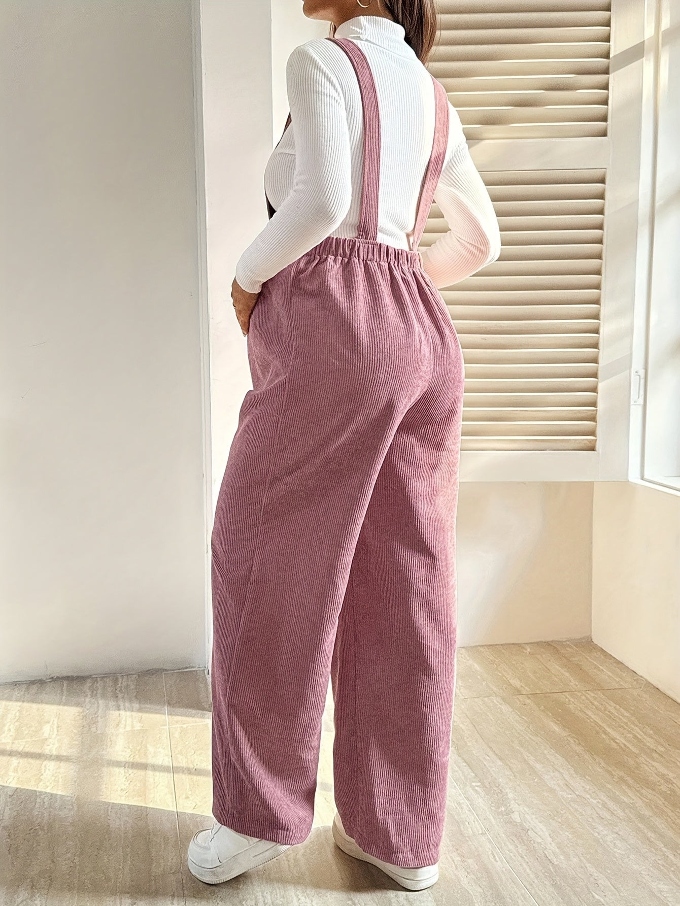 Effortless Corduroy Maternity Overalls for Women with Square Neck Sleeveless Wide Leg Relaxed Style