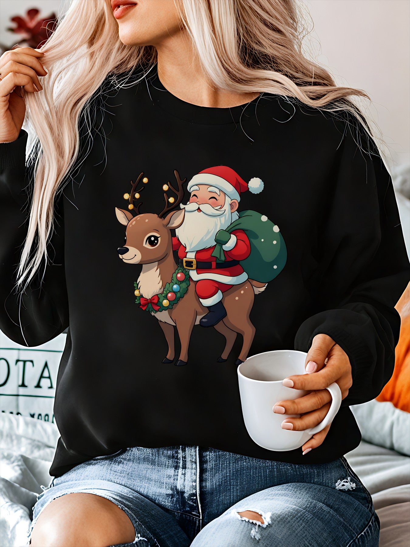 Cozy Graphic Christmas Tacky Sweater for Women with Crew Neck Long Sleeve Santa Reindeer Print Pullover Style