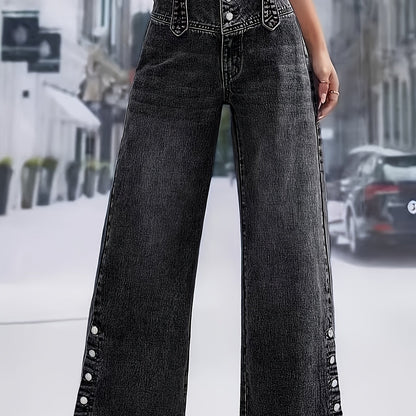 Effortless Black High Waisted Jeans for Women with Button Front Wide Leg Split Hem Style
