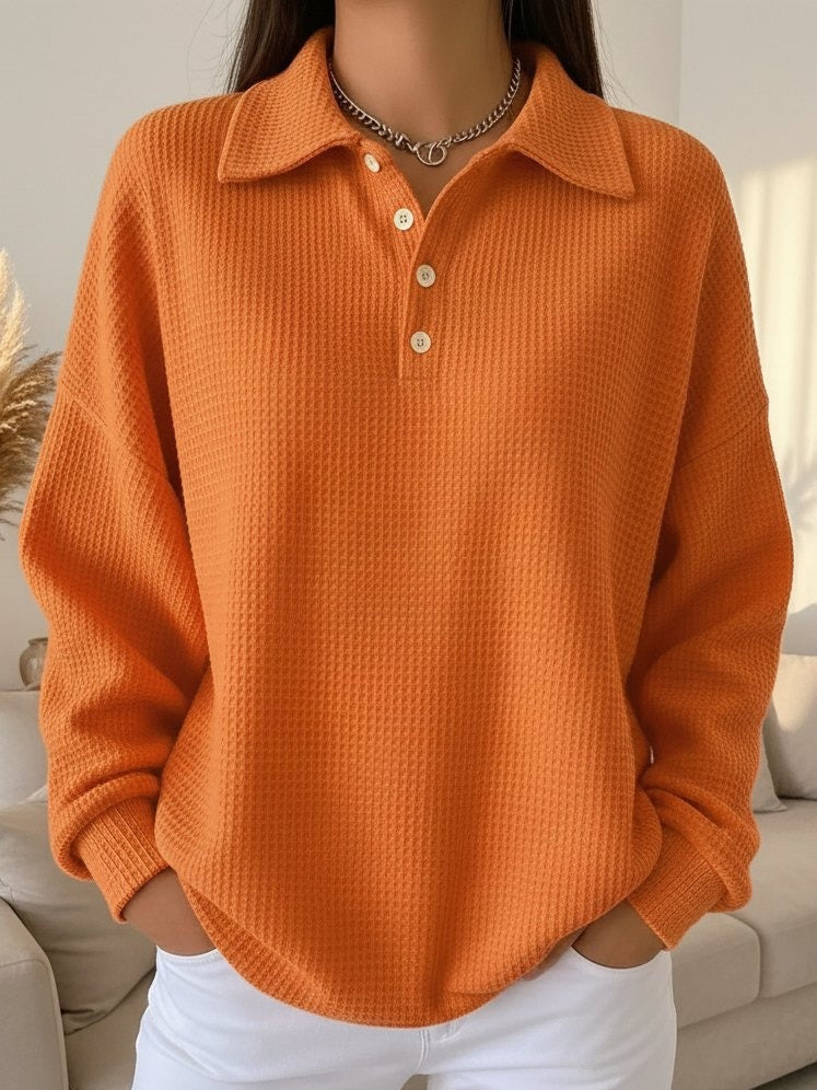 Cozy Waffle Knit Sweater for Women with Polo Collar Long Sleeve Button Front Oversized Style