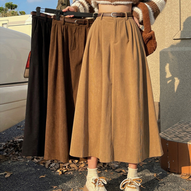 Elegant Belted Midi Skirt for Women with High Waist Pleated A Line Flowing Style