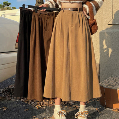 Elegant Belted Midi Skirt for Women with High Waist Pleated A Line Flowing Style