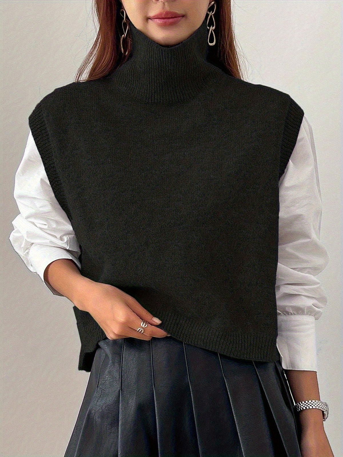 Cozy Sleeveless Turtleneck Vest for Women with High Neck Ribbed Knit Side Slit Style