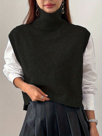 Cozy Sleeveless Turtleneck Vest for Women with High Neck Ribbed Knit Side Slit Style