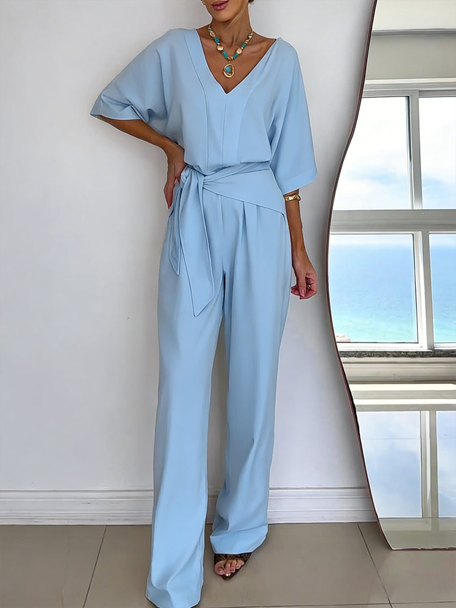 Effortless Linen Jumpsuit for Women with V Neck Half Sleeve Wide Leg Tie Waist Relaxed Style