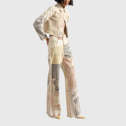 Effortless Ivory Collage Print Wide Leg Jeans for Women with High Waist Raw Hem Frayed Pocket Relaxed Style