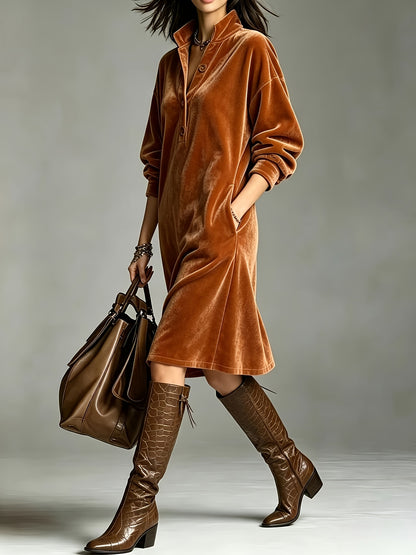 Chic Velvet Long Sleeve Midi Dress for Women with Collared Neck Button Front Relaxed Fit Style