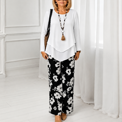 Effortless Floral Wide Leg Set for Women with Round Neck Long Sleeve Layered Hem Two Piece Style