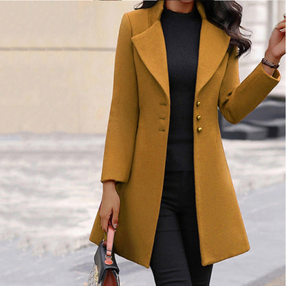 Elegant Wool Coat for Women with Notched Lapel Long Sleeve Button Front Tailored Style