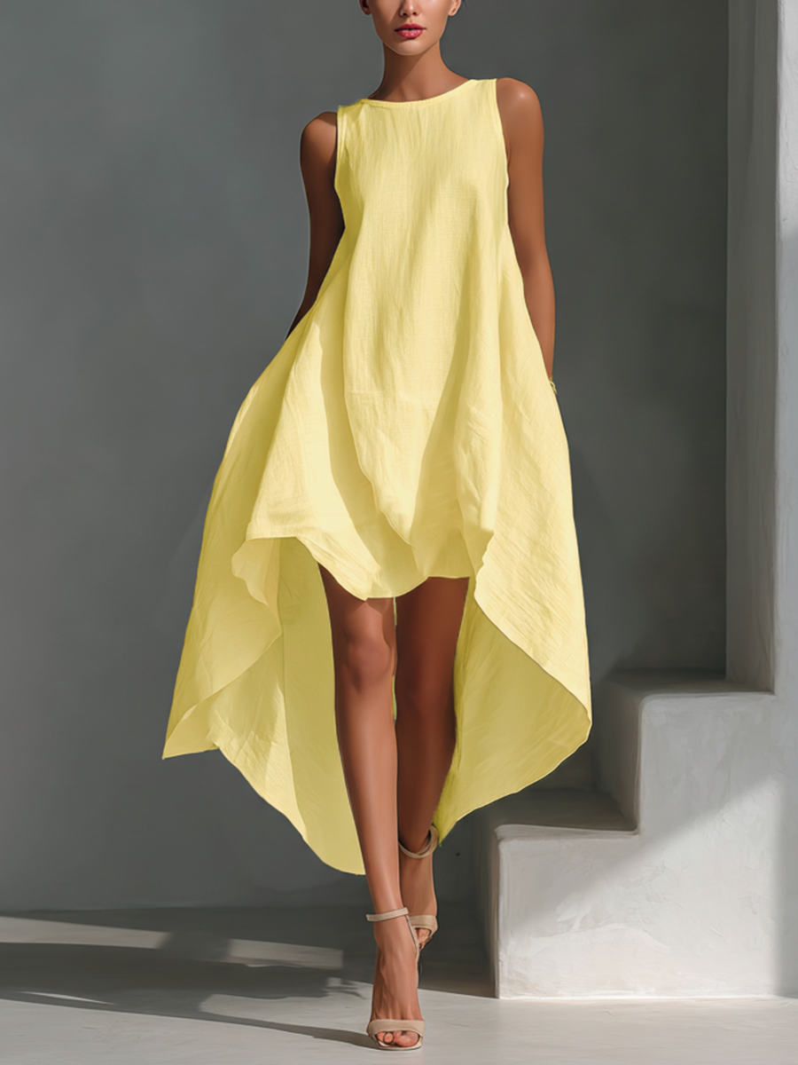 Effortless Linen Midi Dress for Women with Round Neck Asymmetric Hem Sleeveless Flowing Casual Summer Style