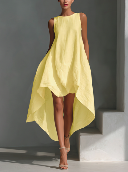 Effortless Linen Midi Dress for Women with Round Neck Asymmetric Hem Sleeveless Flowing Casual Summer Style