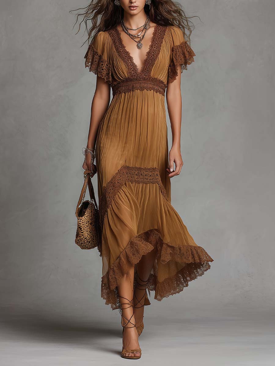 Elegant Brown Wrap Maxi Dress for Women with V-Neck Pleated Tiered Ruffle Hem