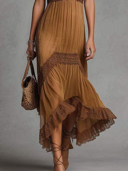 Elegant Brown Wrap Maxi Dress for Women with V-Neck Pleated Tiered Ruffle Hem