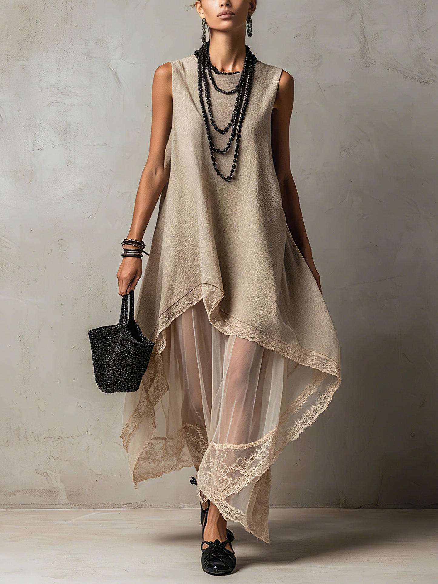 Effortless Light Khaki Linen Maxi Dress for Women with Sleeveless Layered High Low Hem