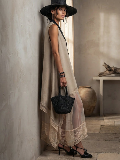 Effortless Light Khaki Linen Maxi Dress for Women with Sleeveless Layered High Low Hem
