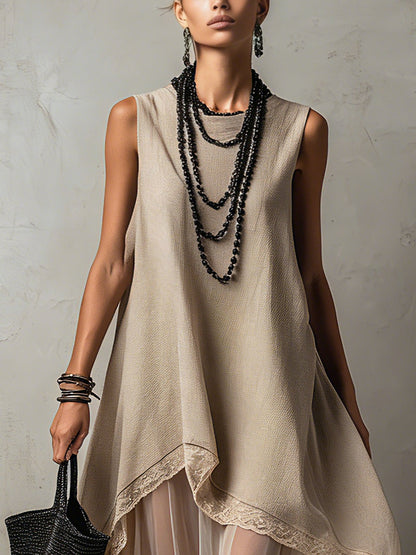 Effortless Light Khaki Linen Maxi Dress for Women with Sleeveless Layered High Low Hem