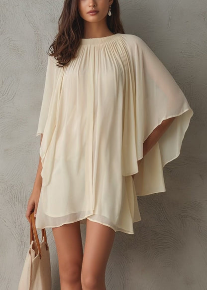 Effortless Beige Mini Dress for Women with Cape Sleeves Gathered Neckline