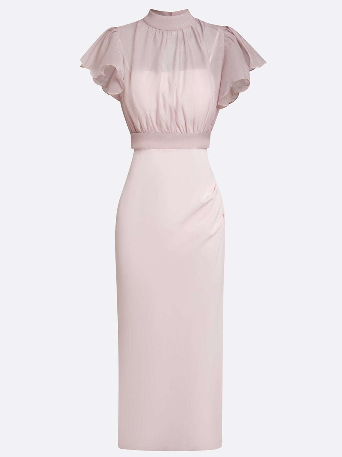 Elegant Pink Midi Dress for Women with Ruffle Sleeve Mock Neck Formal Wedding Guest Style